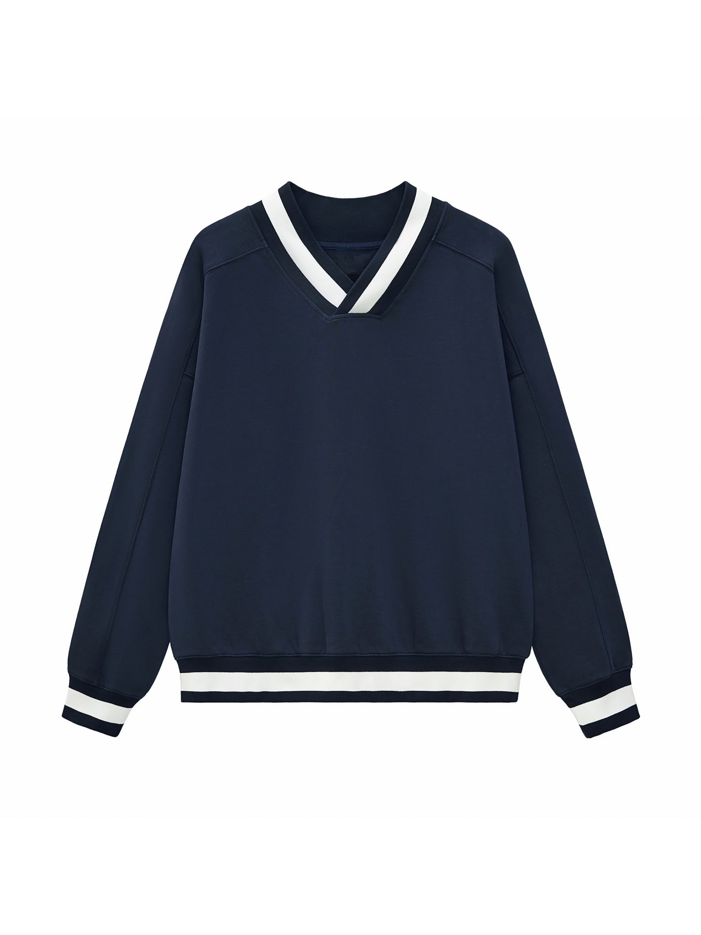 Navy blue sweater with white trim on a white background