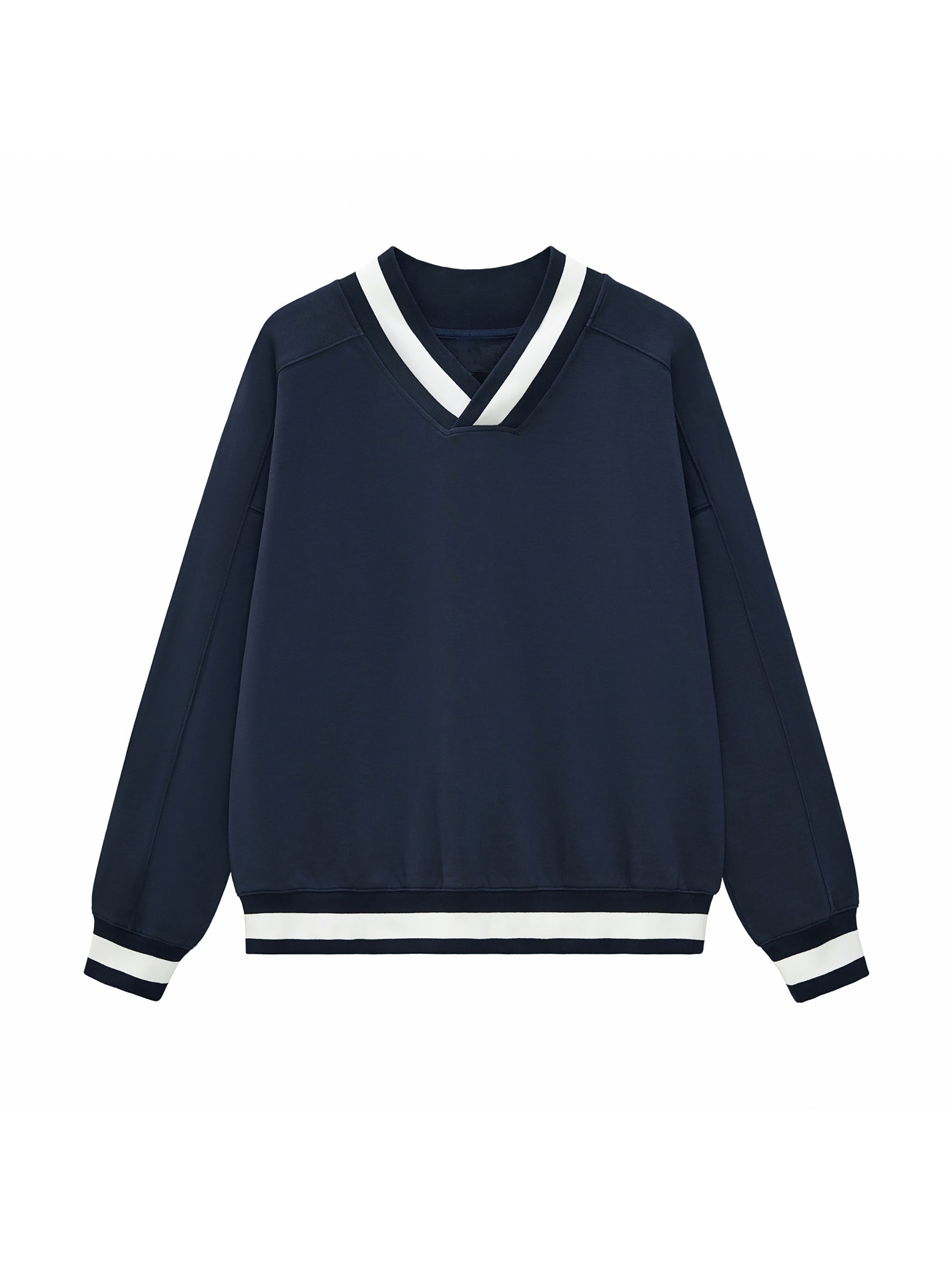 Navy blue sweater with white trim on a white background
