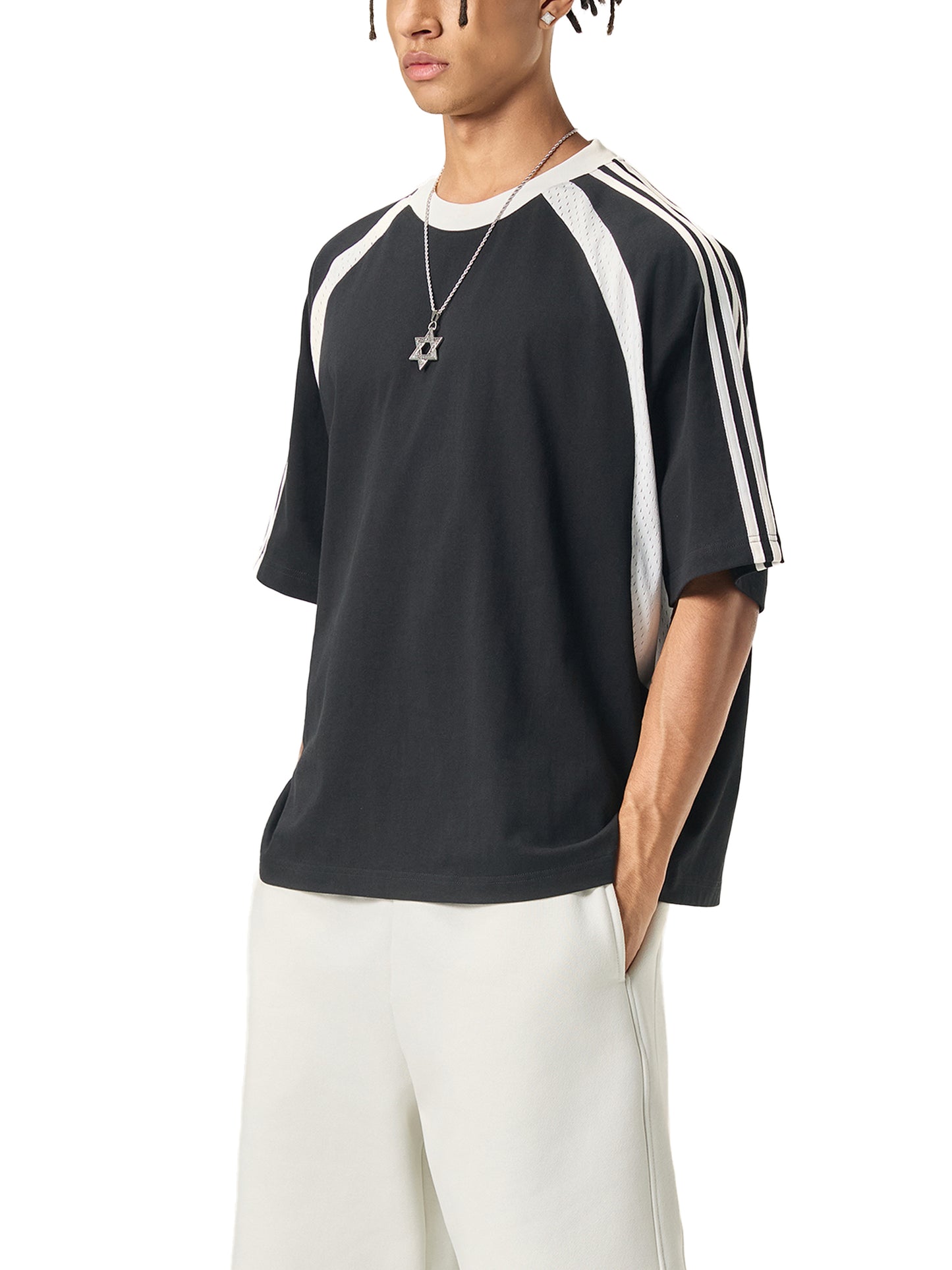 Contrast Stripes Panel Mesh T-shirt