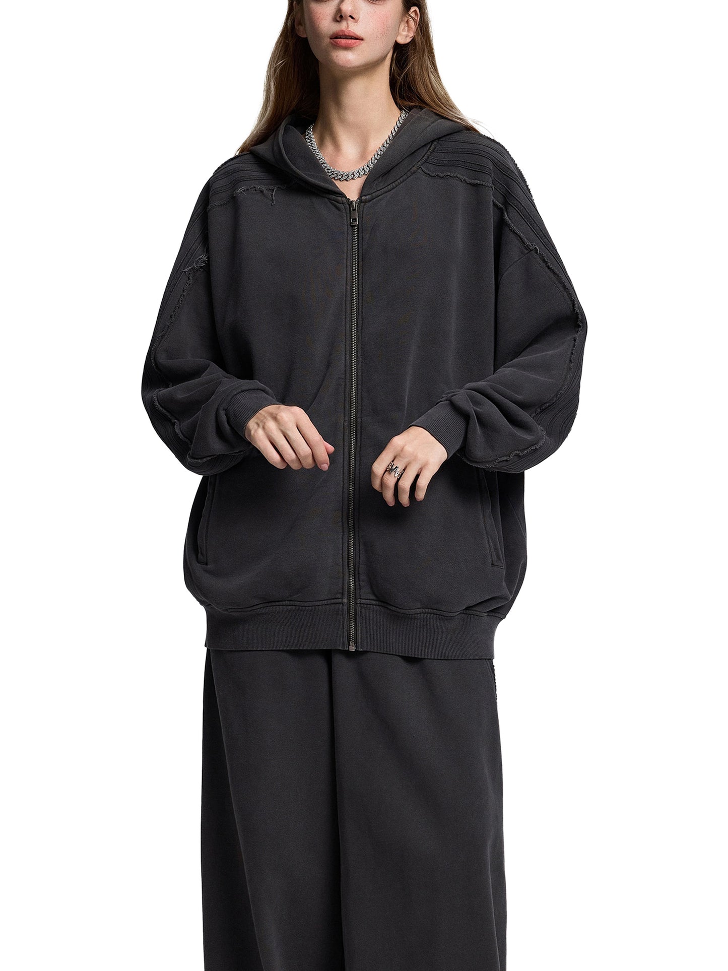 Snow Washed Tape Raw Edge Zip Hoodie