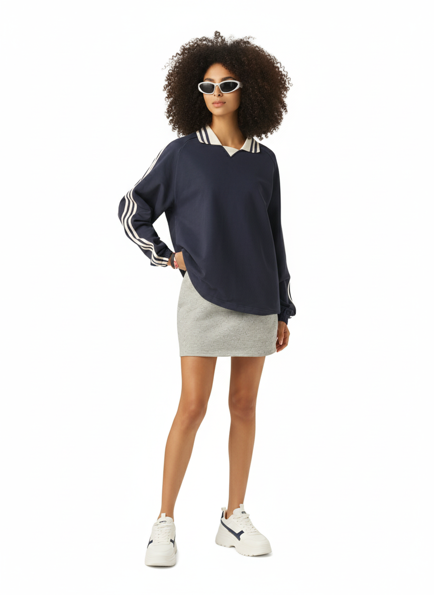 Contrast Striped Lapel Collar Sweatshirt