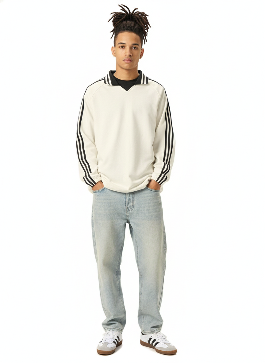 Contrast Striped Lapel Collar Sweatshirt