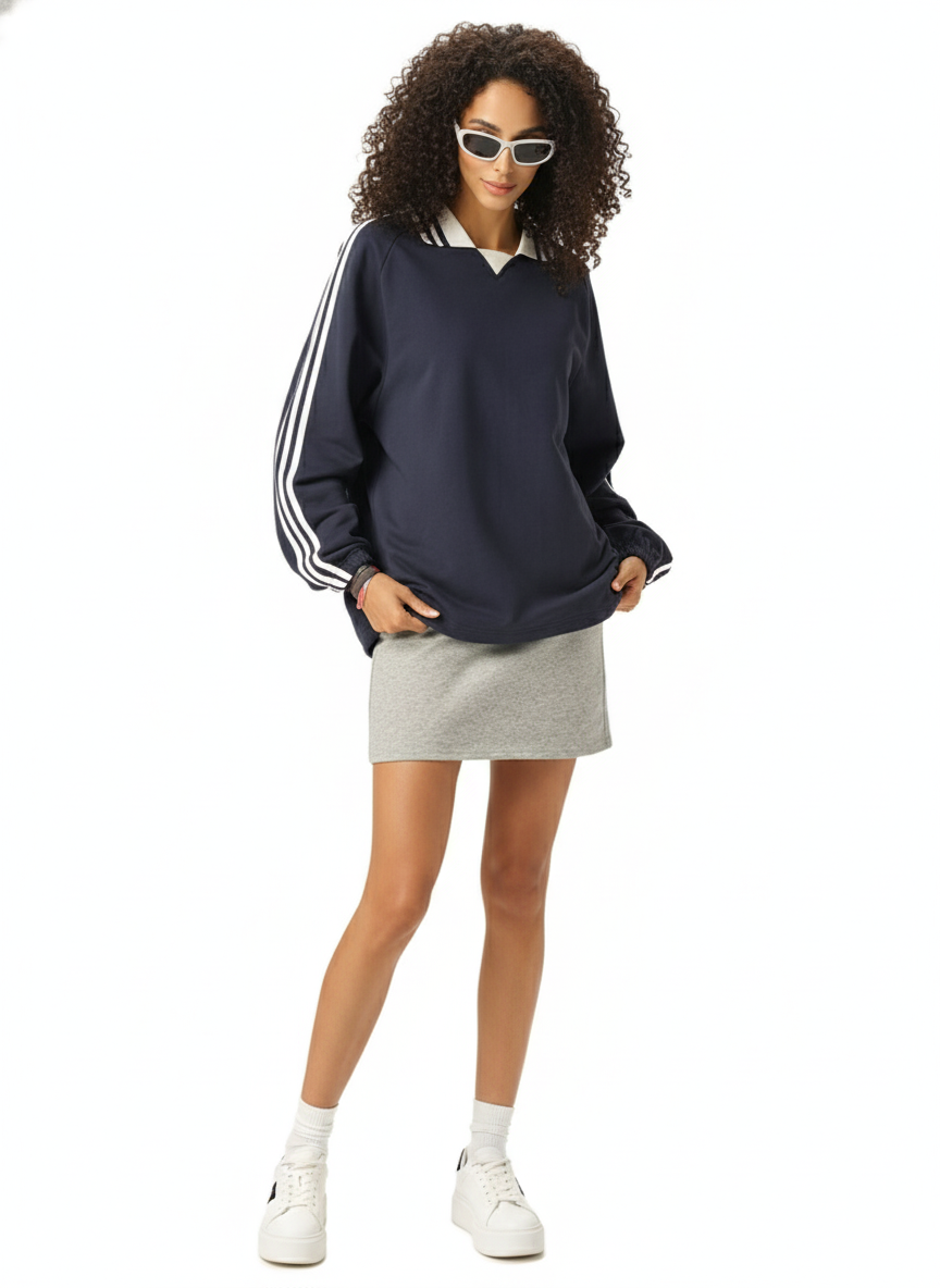 Contrast Striped Lapel Collar Sweatshirt